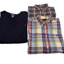 Ralph Lauren Youth Boy 3 PCS 2 Plaid Button Down Shirts  Cable Knit Vest 16-18