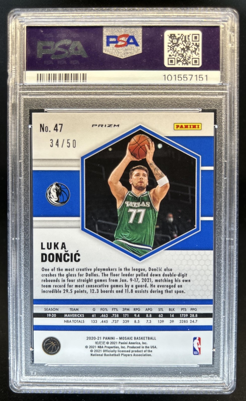 2020-21 Panini Mosaic Luka Doncic Fast Break Purple #/50 Mavericks PSA 10 view 2