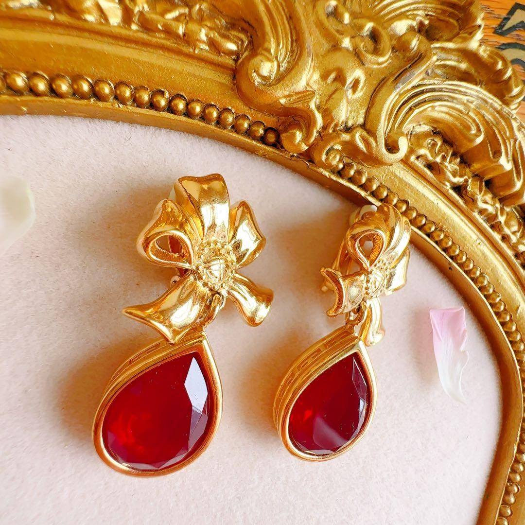 Givenchy Vintage Ruby Red Large Ribbon Earrings, … - image 4