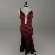 Burgundy Black Velvet Flocked Evening Gown Slit Romantic Goth Gala Prom Bodycon