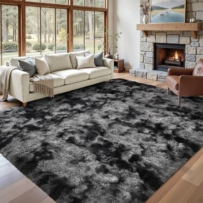 Area Rugs for Living Room 8x10 Black Grey Fluffy Rug,Super Fuzzy Fur Bedroom
