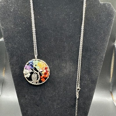 Handcrafted Tree of Life with Owl and Moon 7 Chakra Gemstone Wire Wrapped Pendan