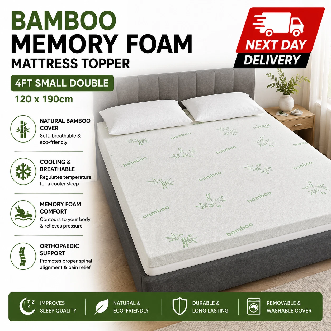 4CM Bamboo Memory Foam Mattress Topper Cooling Soft Support Next Day UK Bed
