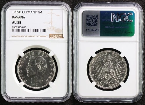 1909D Germany 3M BAVARIA NGC AU 58