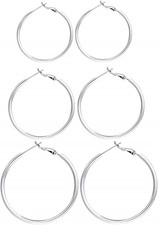 3 Pairs Sterling Silver Hoop Earrings, 14K White Gold Plated Big Hoop Earrings S