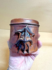 Vintage Leather  hand tooled Ugly Face Trinket or Tobacco Tin Mythology box