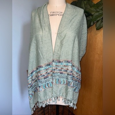 Chic Boho Mint Green Shawl with Embroidery Fringe One Size lightweight