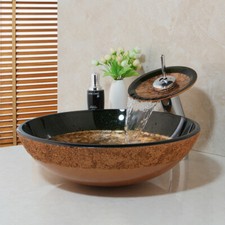 Bathroom Artistic Glass Vessel Sink Waterfall Faucet with Pop-up Drain Combo Set