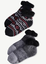 Joy Spun Slipper Socks 2 Pair Fuzzy Lined Shoe Size 4-10 New!