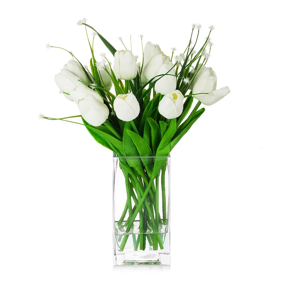 Hierba de tulipán y estrella artificial blanca de tacto real en florero de vidrio con agua sintética Foto 2 de 4