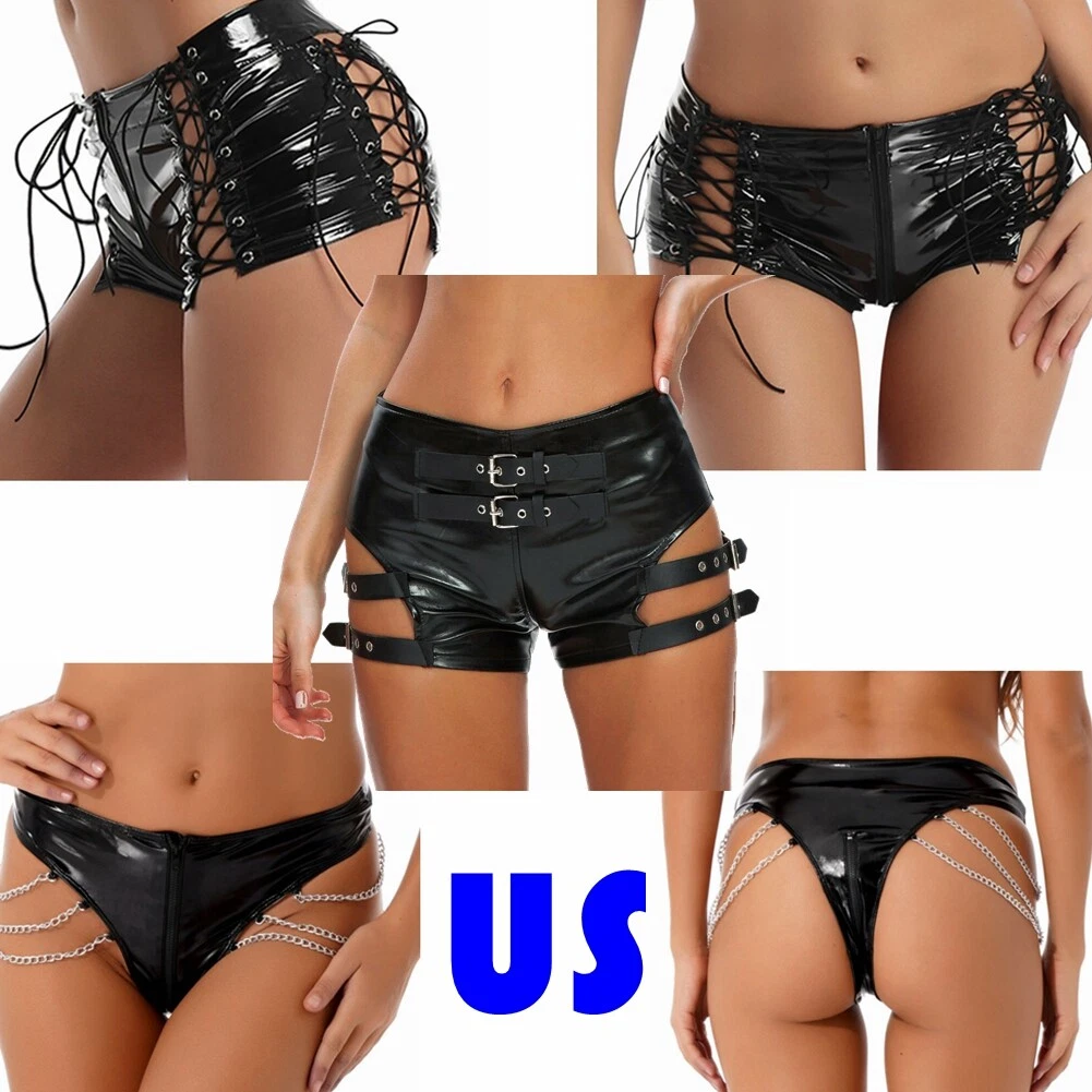 Wet Look Booty Shorts Women Leather Low Rise Lace Up Festival Rave