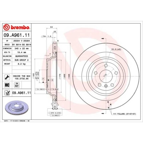 Brembo 2X Bremsscheibe Hinten 345 InnenbelüFtet FüR Mercedes-Benz 09.A961.11-image