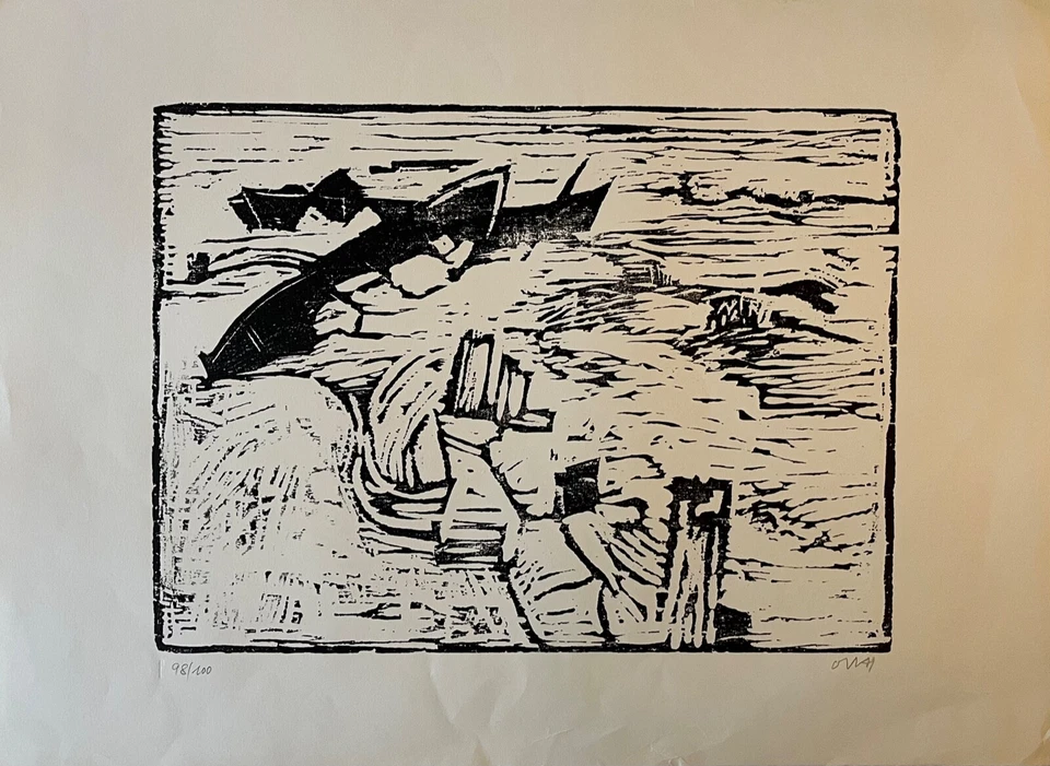 Holzschnitt Boote am Strand Ostsee Usedom Otto Niemeyer-Holstein 1896-1984 - Bild 1 von 4