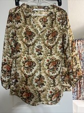 Fun2fun Womens Beige Long Sleeve Floral V-Neck Blouse M