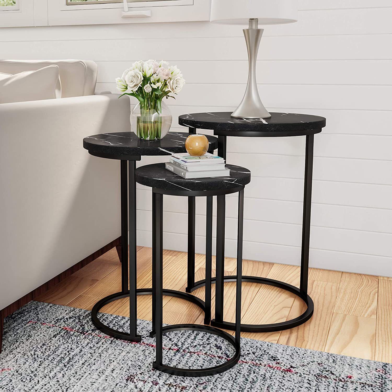 Set of 3 Round Vintage Wooden/Steel Nesting Side Coffee Tables Stacking Sofa Side, Space Saving For Home Office In Marble Look Large, Medium & Small (White) 47 Set of 3 Round Marble Look MDF Steel Nesting Side Coffee Tables Stacking Sofa