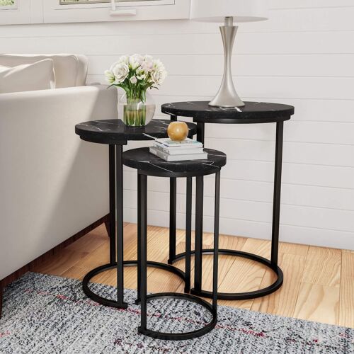 Set of 3 Round Marble Look MDF Steel Nesting Side Coffee Tables Stacking Sofa - Picture 13 of 26