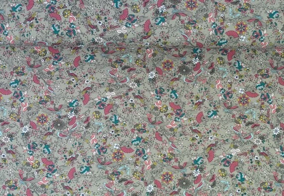 Jerseystoff 100x150cm Asia-Muster Blüten Vögel, elastische Stoffe nähen, Taupe - Bild 3 von 3