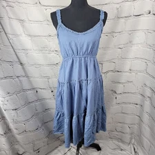 Heimish USA Womens L Chambray Sleeveless Midi Dress Linen Cottagecore Neutral