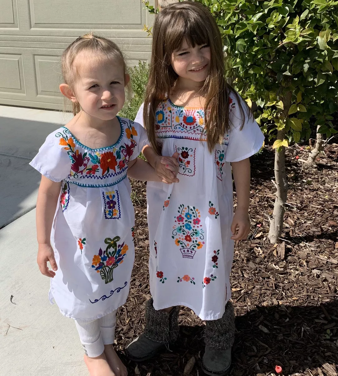 Mexican Puebla Girls White with embroidery on dress sz 6M-8 years