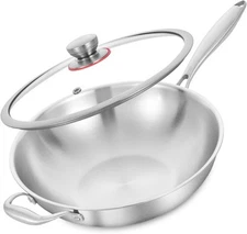 LOLYKITCH Tri-Ply 13 Inch Stainless Steel Wok Pan with Lid, Stir-Frying Pan,Indu