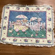 Vtg 80  s Baby Blanket Quilt Teddy Bear Hearts Goose Lace Detail