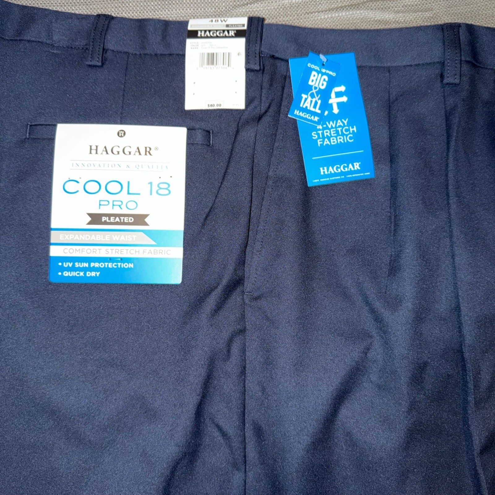 Haggar Mens Big Tall Cool 18 Pro Pleated Expandable Waist Shorts Navy 48W