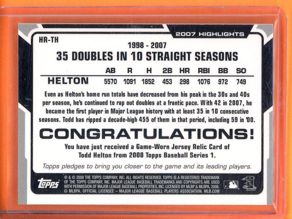 Todd Helton 2007 Highlights Relics Game Worn 2008 Topps #HR-TH - Image 2 of 2