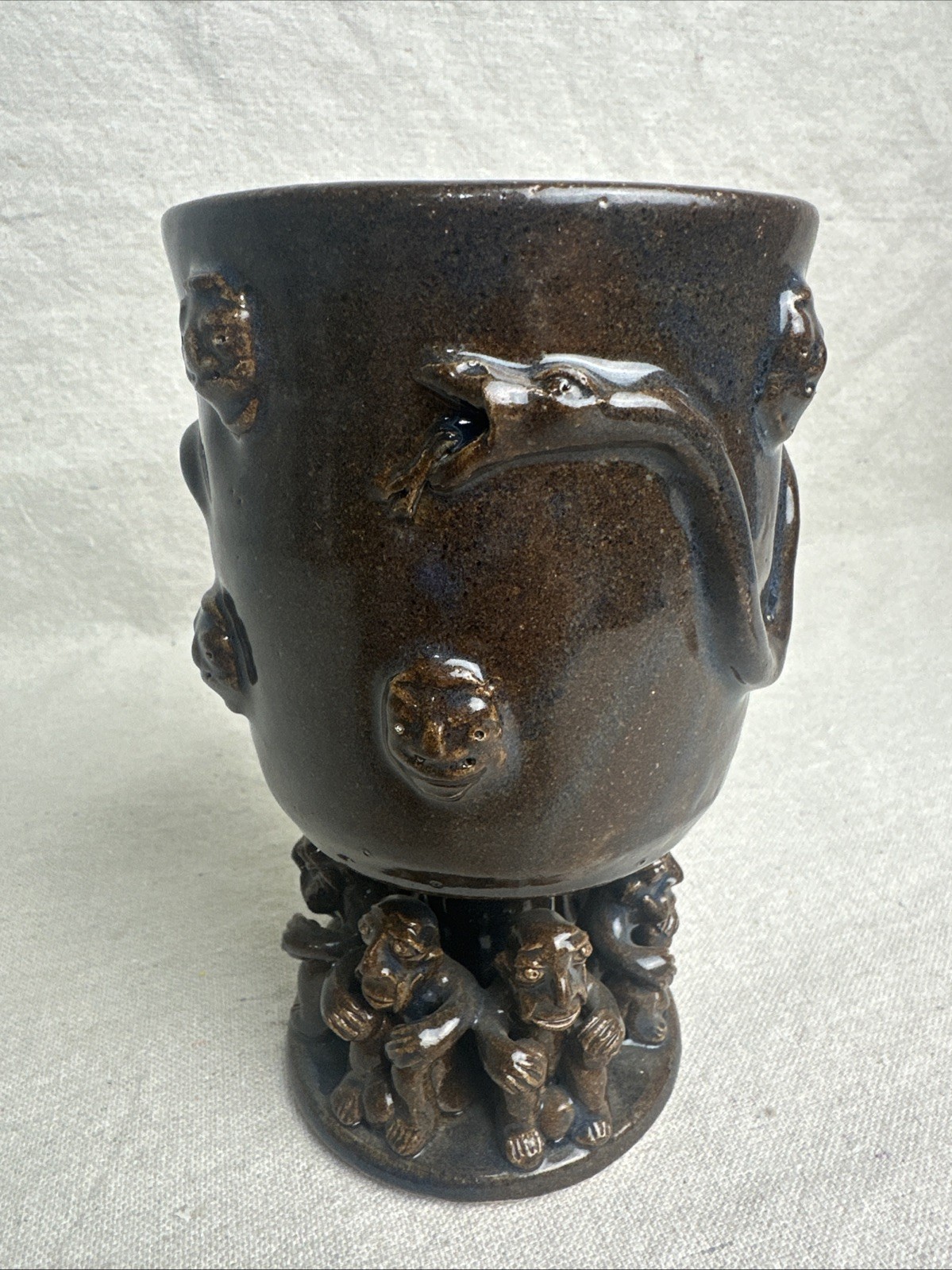Stacy Lambert Southern Primitive Folk Art Pottery Snake and Many Face Chalice