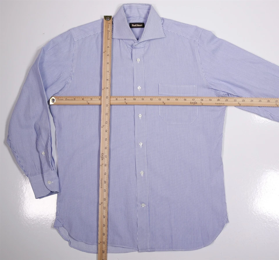 Paul Stuart Blue White Striped Slim Fit Cotton Dress Shirt (39) 15.5- - Image 4 of 4
