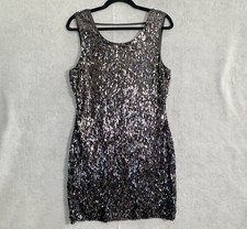 EXPRESS Women Sleeveless Sequin Stretch Mini Dress Sz M Silver Disco 80s 49-17