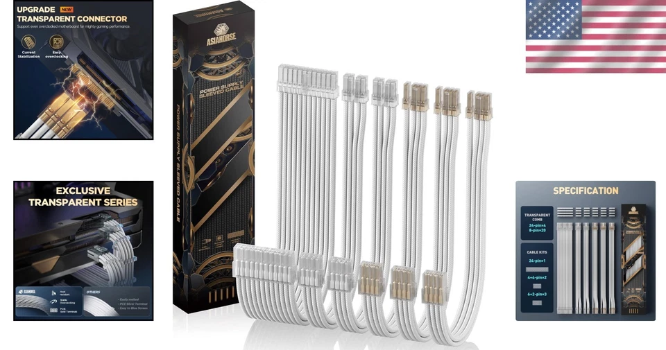 16AWG PSU Cable Extension Kit, White, Gold-Plated Connectors - Image 2 of 4
