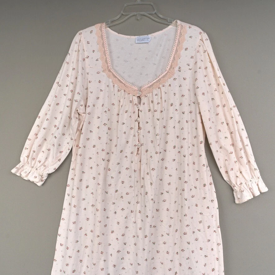 Vassarette Nightgown Women's Long Pink Peach Floral Knit Scoop Knit Long Sleeve - Image 2 of 4