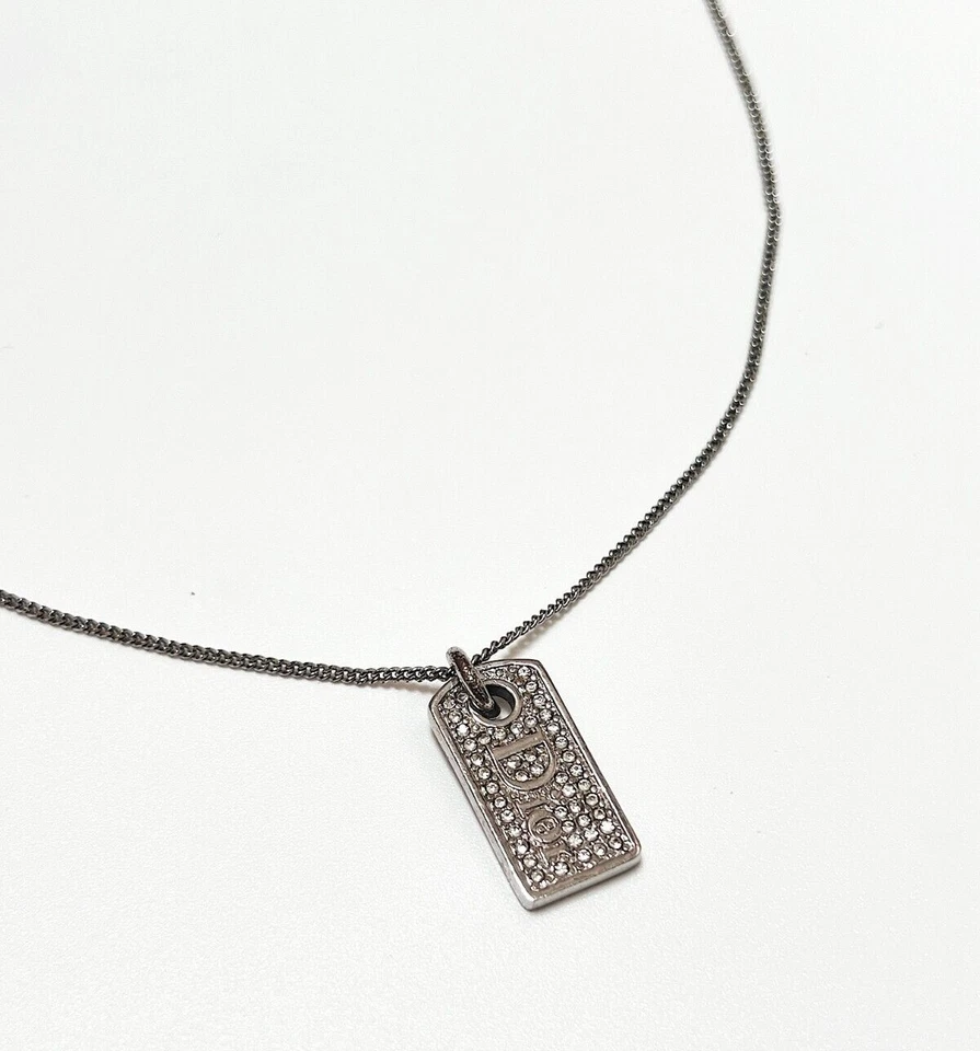 Collar Dior Plata Logo Monograma Cristal Diamante Etiqueta Cadena De Colección Auténtico Foto 3 de 4