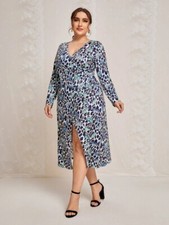 New Blue Mixed Print Envelope Front Long Dress Plus Size 18