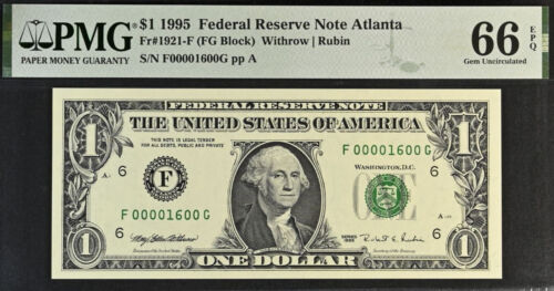 1995 $1 Federal Reserve Note PMG 66EPQ - Birthday Low Serial Number 00001600 - Picture 2 of 3