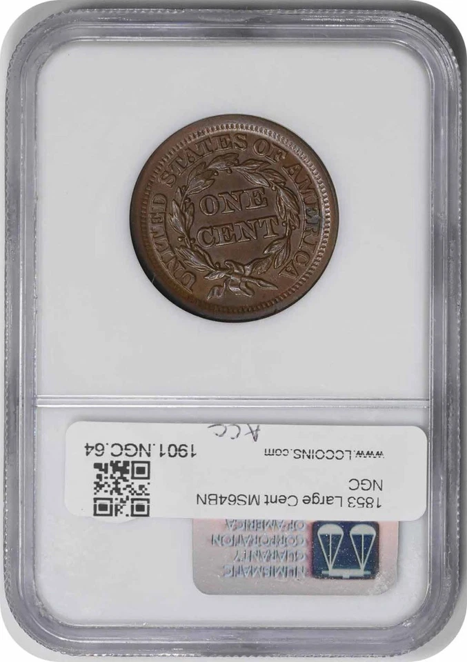 1853 Large Cent MS64BN NGC - Image 2 of 2