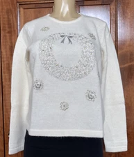 Orvis Women's Sweater Wool Angora Blend Christmas Wreath Winter White MED