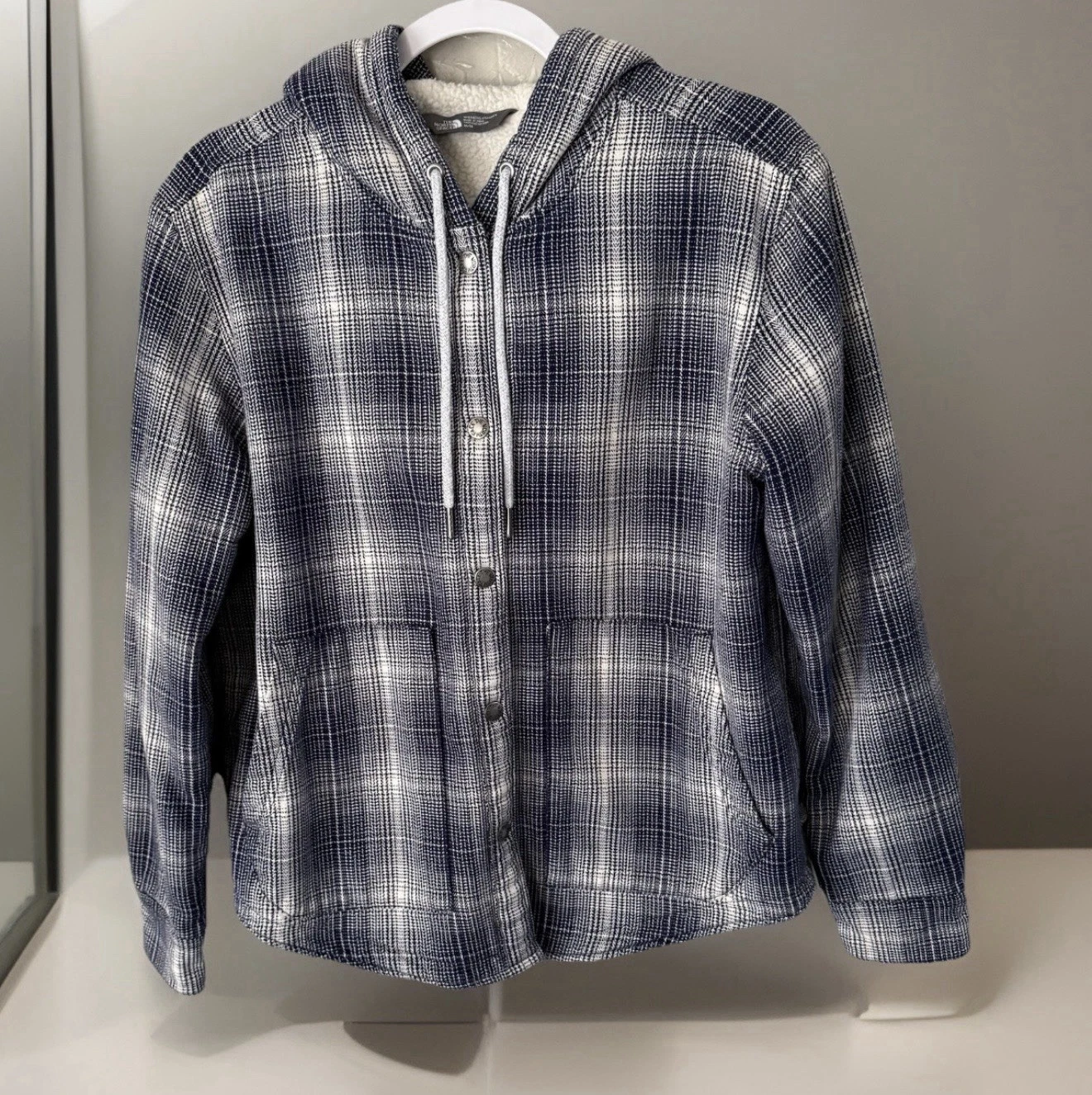 THE NORTH FACE HIKE-IN SHERPA LINED HOODIE WOMENS M FULL SNAP PLAID BLUE WHITE