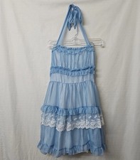 Womens Sz Lg Blue Halter Top Mini Dress Sheer Lace Ruffle Regency Fairy READ