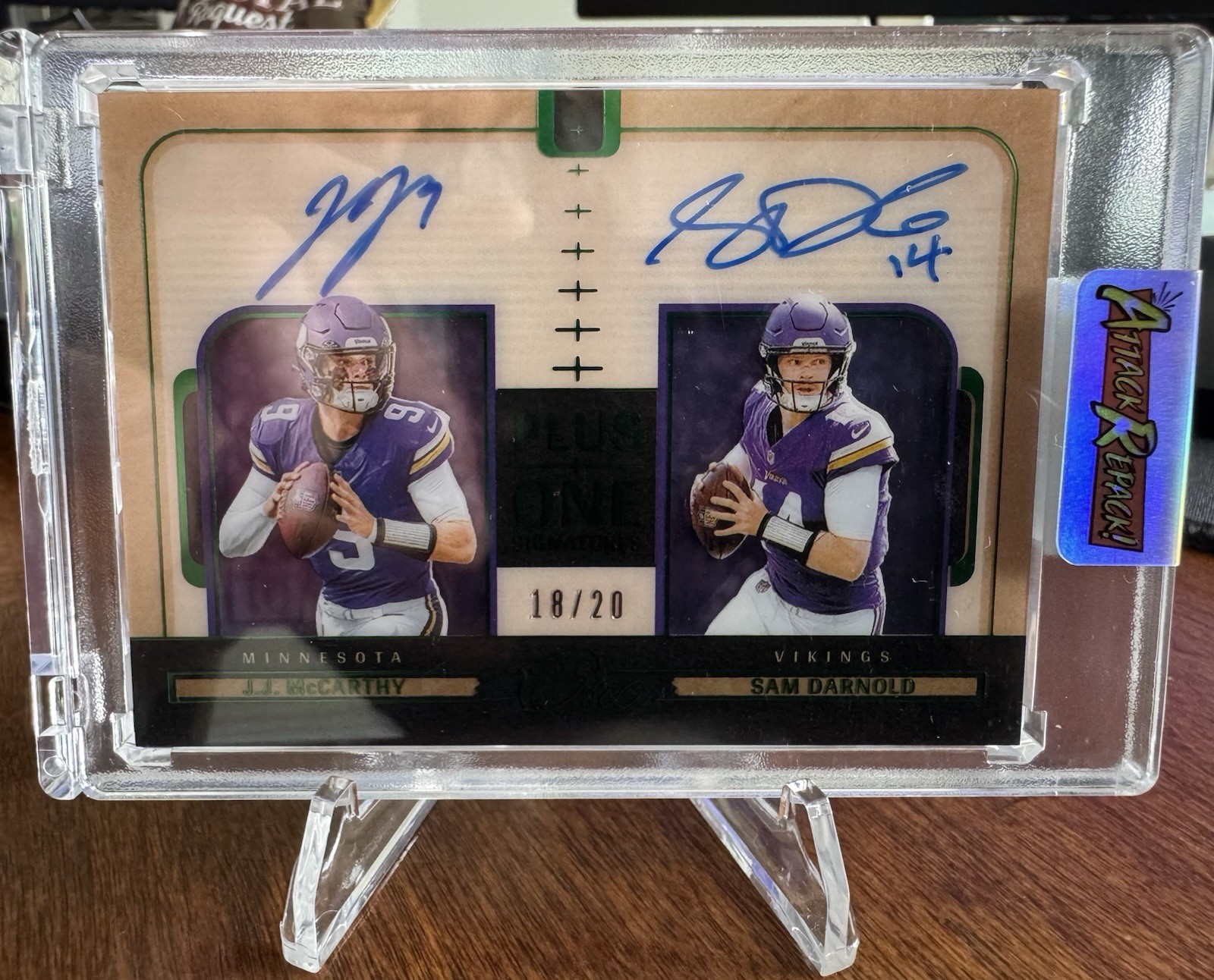 2024 Panini One Plus One Signatures Dual Auto Sam Darnold JJ McCarthy /20 Rare view 3
