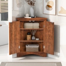 Brown Triangle Bathroom Storage Cabinet with Adjustable Shelves, Freestanding Fl