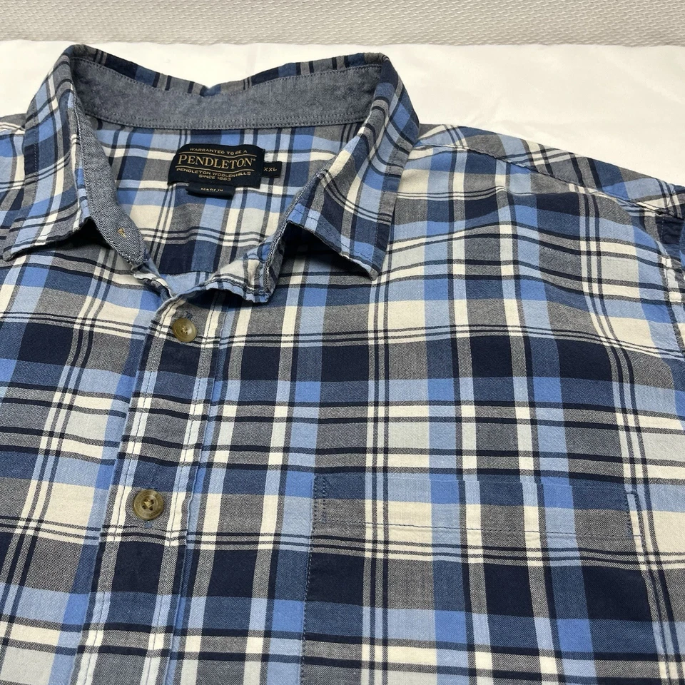 Pendleton Seaside Shirt Button Up Short Sleeve Blue Plaid Cotton 2XL - Image 2 of 4