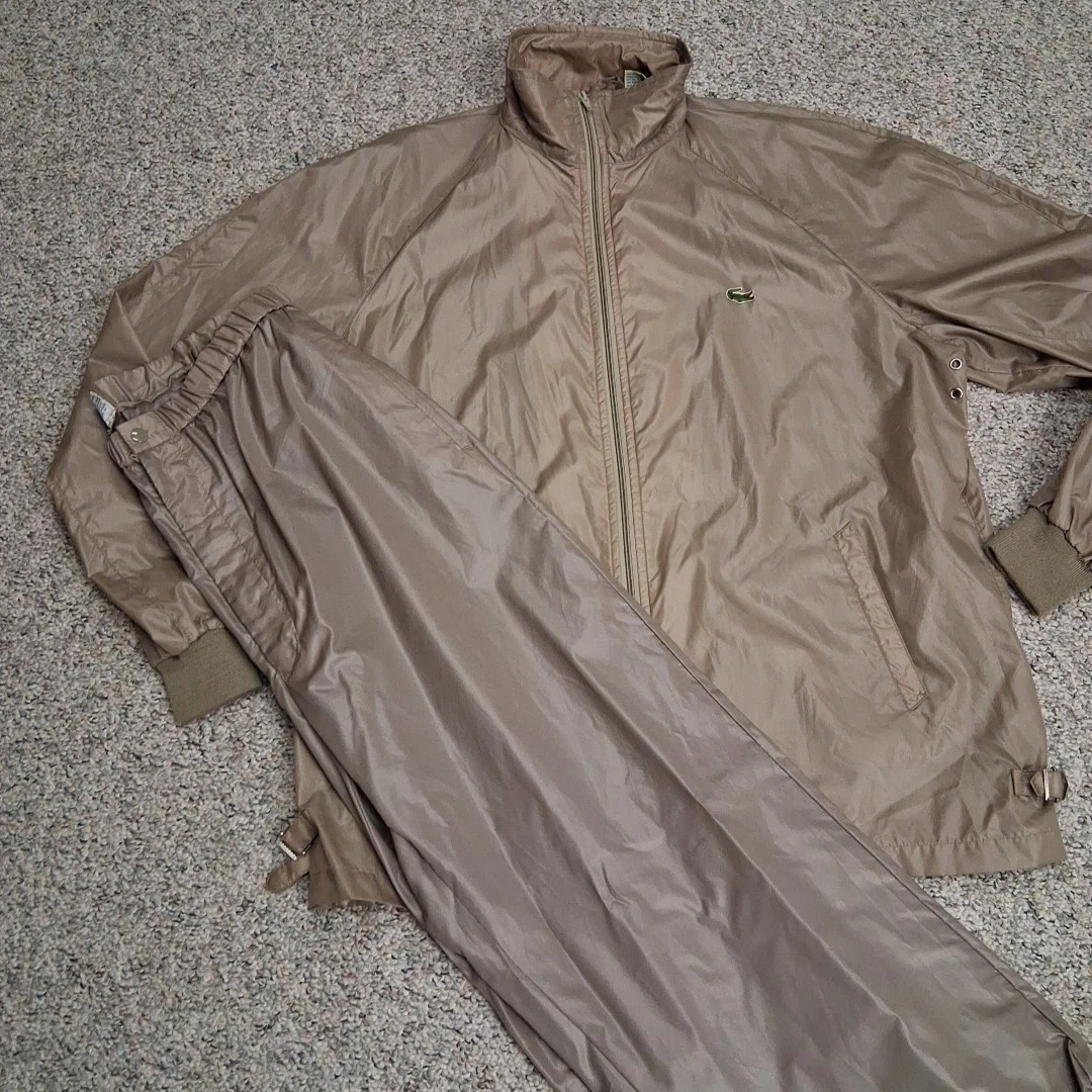 Vintage 80's LacosteClub Rain Suit Windbreaker Pants Men’s Large Tan 2 Piece EUC