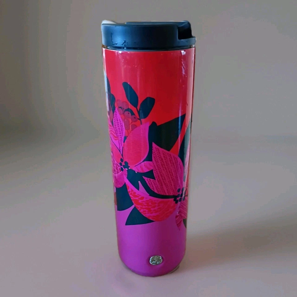 Vaso aislante de acero inoxidable Starbucks rojo rosa negro floral flor de pascua 16º Foto 2 de 4