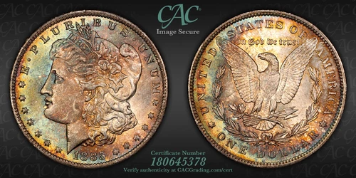 CACG MS-63 1885-O Morgan Silver Dollar, Gorgeous, Pastel-Rainbow Toning!