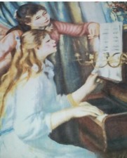 TWO GIRLS AT THE PIANO RECITAL MUSIC FLEECE FABRIC PANEL 50X58