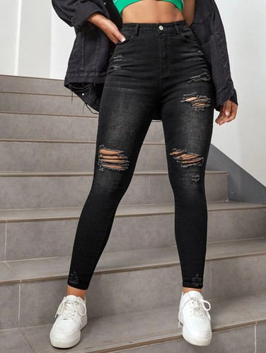Shein Ripped Detail Skinny Jeans Black Size Large New in Bag - Picture 3 of 3