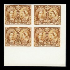 CANADA #63P; $3 JUBILEE INDIA PLATE PROOF ON CARD BLOCK OF 4, CV C$3,200+