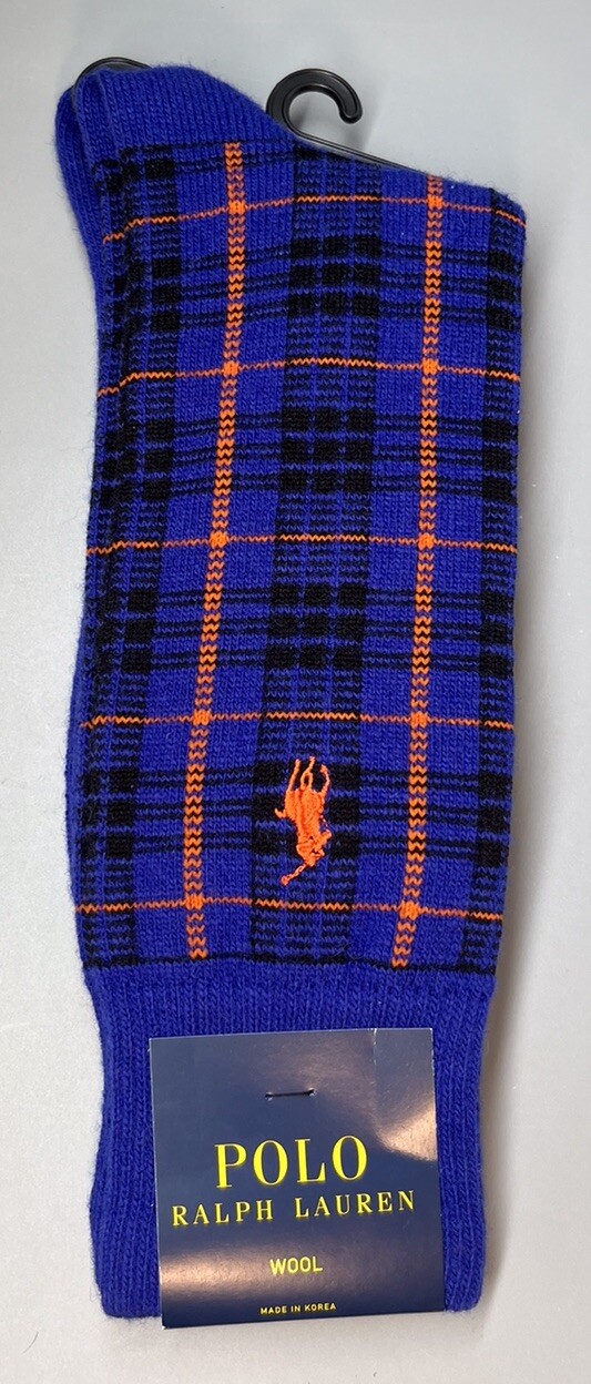 Polo Ralph Lauren uomo lana tartan plaid blu calze pony arancione nuove