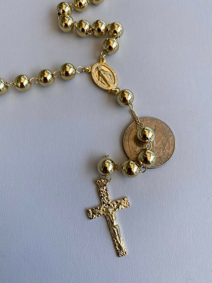14k Gold Plated Solid 925 Silver Men's Rosary Beads Necklace Rosario ...